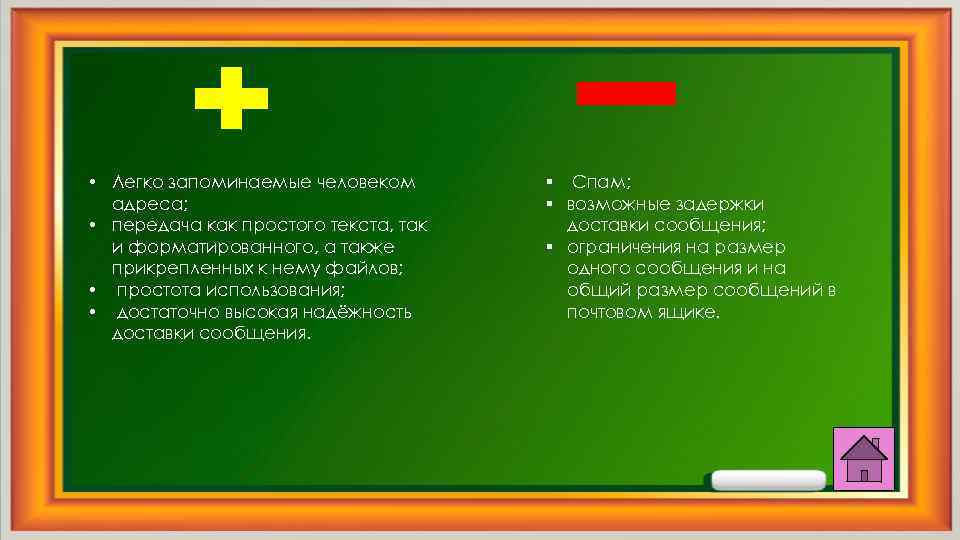  • Легко запоминаемые человеком адреса; • передача как простого текста, так и форматированного,