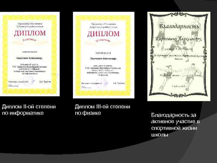 Диплом II-ой степени по информатике Диплом III-ей степени по физике Благодарность за активное участие