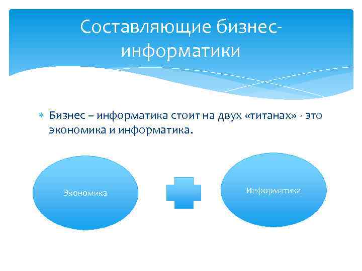 Составляющие бизнесинформатики Бизнес – информатика стоит на двух «титанах» - это экономика и информатика.