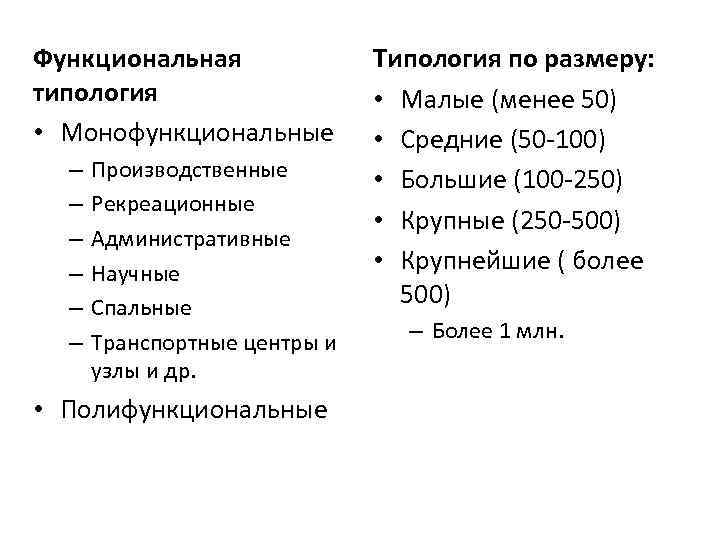 Функциональная типология • Монофункциональные – – – Производственные Рекреационные Административные Научные Спальные Транспортные центры