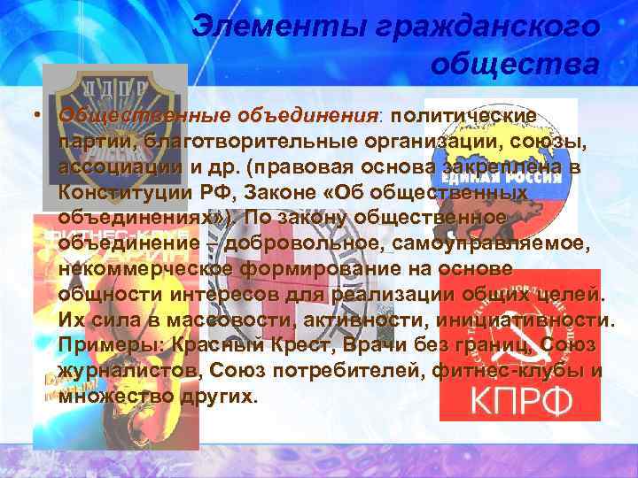 Элементы гражданского общества • Общественные объединения: политические объединения партии, благотворительные организации, союзы, ассоциации и