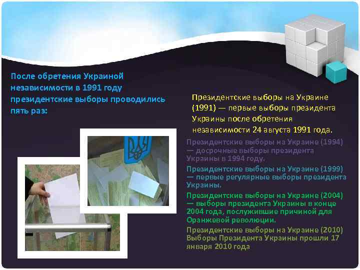 После обретения Украиной независимости в 1991 году президентские выборы проводились пять раз: Президентские выборы