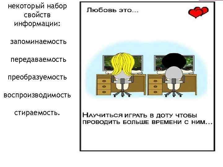 некоторый набор свойств информации: запоминаемость передаваемость преобразуемость воспроизводимость стираемость. 