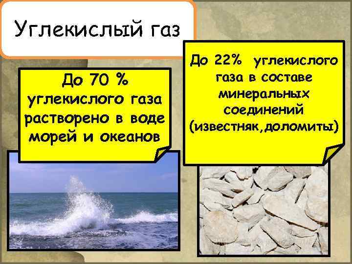 Углекислый газ До 70 % углекислого газа растворено в воде морей и океанов До