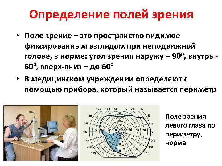 Определение полей зрения • Поле зрение – это пространство видимое фиксированным взглядом при неподвижной