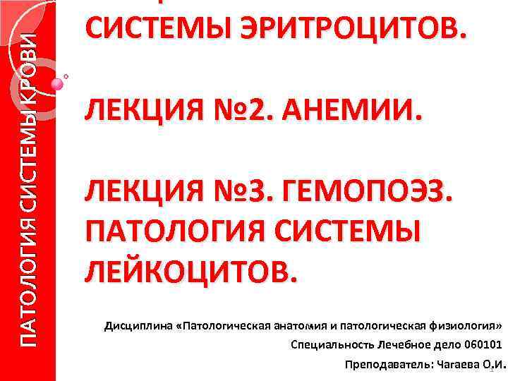 ПАТОЛОГИЯ СИСТЕМЫ КРОВИ СИСТЕМЫ ЭРИТРОЦИТОВ. ЛЕКЦИЯ № 2. АНЕМИИ. ЛЕКЦИЯ № 3. ГЕМОПОЭЗ. ПАТОЛОГИЯ