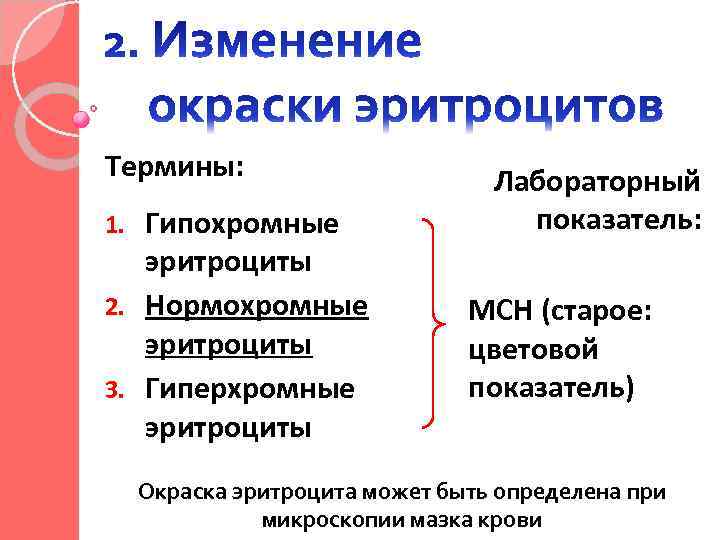 Термины: Гипохромные эритроциты 2. Нормохромные эритроциты 3. Гиперхромные эритроциты 1. Лабораторный показатель: MCH (старое: