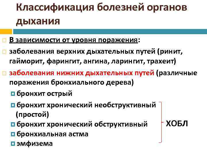 Классификация болезней органов дыхания В зависимости от уровня поражения: заболевания верхних дыхательных путей (ринит,