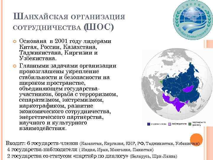 ШАНХАЙСКАЯ ОРГАНИЗАЦИЯ СОТРУДНИЧЕСТВА ( ШОС) Основана в 2001 году лидерами Китая, России, Казахстана, Таджикистана,