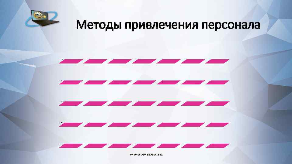 Методы привлечения персонала Поиск внутри организации Объявления в СМИ Подбор с помощью своих сотрудников