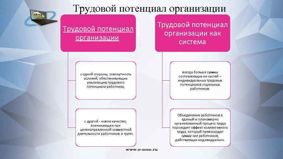  Трудовой потенциал организации как система с одной стороны, совокупность условий, обеспечивающих реализацию трудового