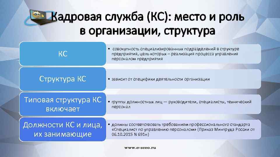 Кадровая служба (КС): место и роль в организации, структура КС Структура КС • совокупность