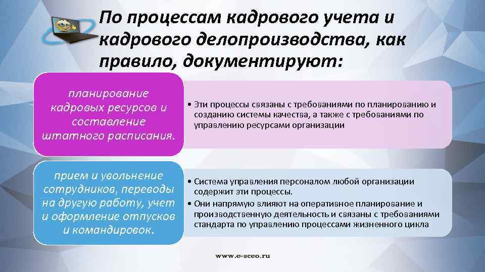 По процессам кадрового учета и кадрового делопроизводства, как правило, документируют: планирование кадровых ресурсов и