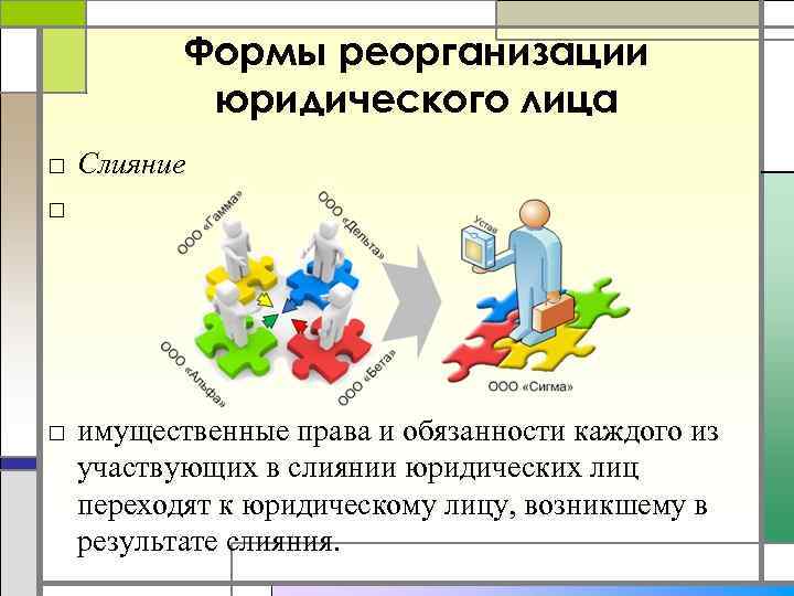 Формы реорганизации юридического лица □ Слияние □ □ имущественные права и обязанности каждого из