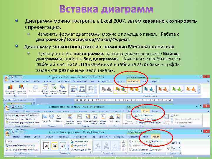  Диаграмму можно построить в Excel 2007, затем связанно скопировать в презентацию. Изменять формат