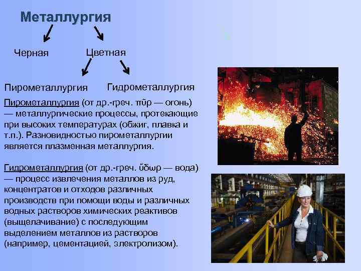 Металлургия Черная Цветная Пирометаллургия Гидрометаллургия Пирометаллургия (от др. -греч. πῦρ — огонь) — металлургические