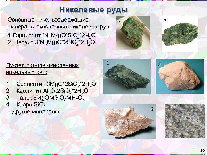 Никелевые руды Основные никельсодержащие минералы окисленных никелевых руд: 2 1 1. Гарниерит (Ni, Mg)O*Si.
