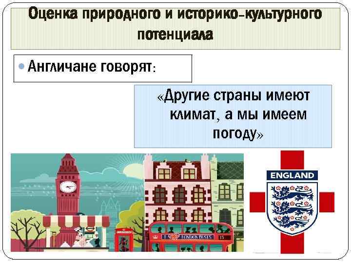 Оценка природного и историко-культурного потенциала Англичане говорят: «Другие страны имеют климат, а мы имеем