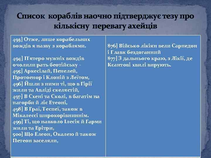 Cписок кораблів наочно підтверджує тезу про кількісну перевагу ахейців 493] Отже, лише корабельних вождів