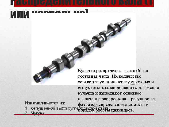 Распределительного вала (1 или несколько) Кулачки распредвала – важнейшая составная часть. Их количество соответствует