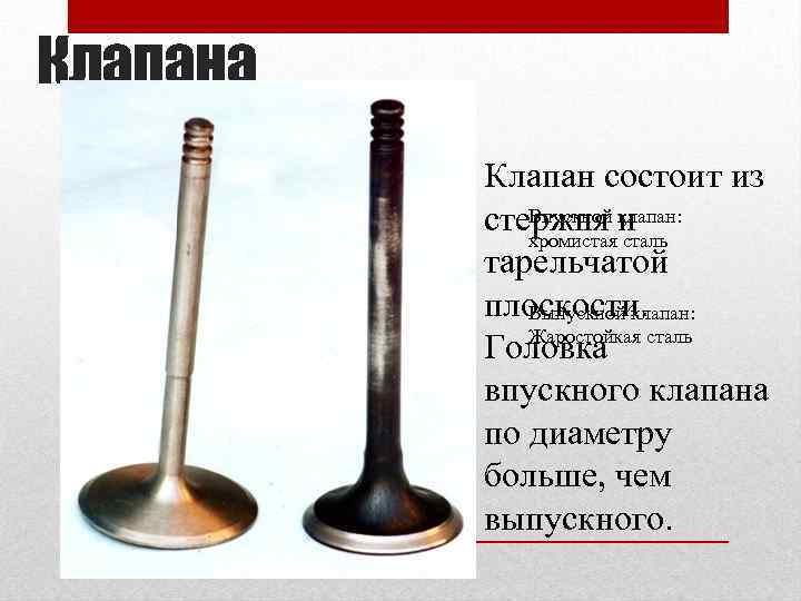 Клапана Клапан состоит из Впускной клапан: стержня и хромистая сталь тарельчатой плоскости. Выпускной клапан: