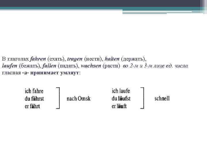 B глаголах fahren (ехать), tragen (нести), halten (держать), laufen (бежать), fallen (падать), wachsen (расти)