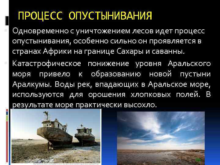 ПРОЦЕСС ОПУСТЫНИВАНИЯ Одновременно с уничтожением лесов идет процесс опустынивания, особенно сильно он проявляется в