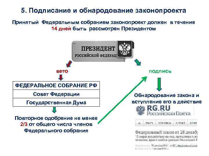 5. Подписание и обнародование законопроекта Принятый Федеральным собранием законопроект должен в течение 14 дней