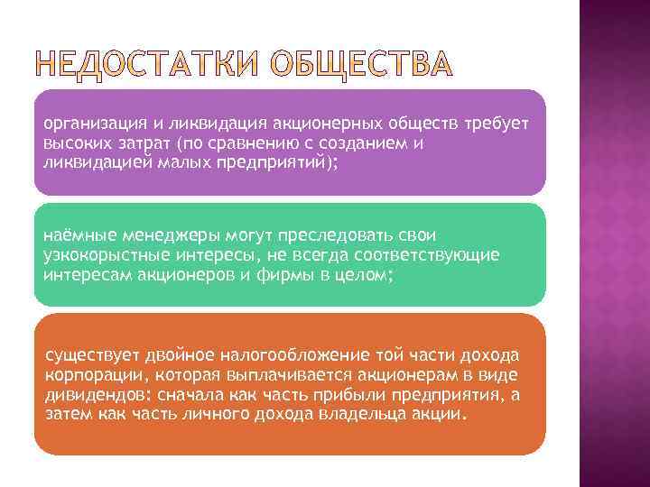 организация и ликвидация акционерных обществ требует высоких затрат (по сравнению с созданием и ликвидацией