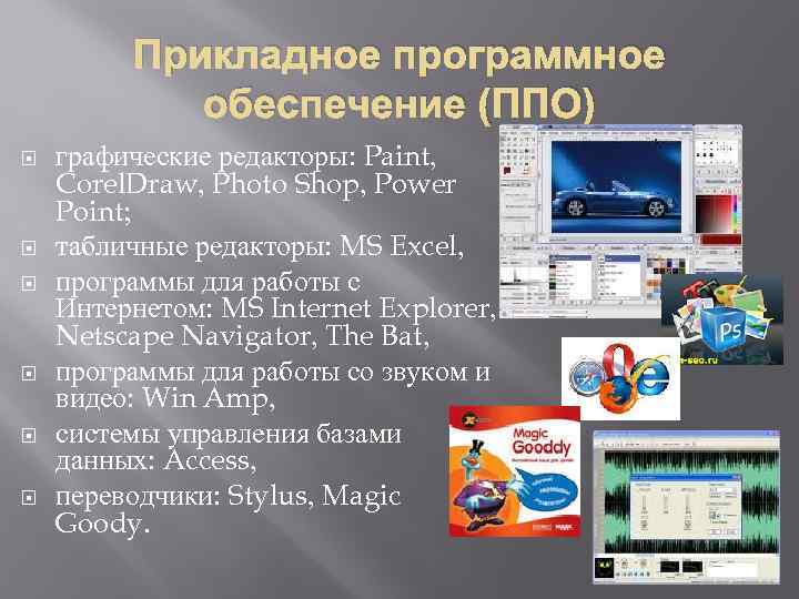 Прикладное программное обеспечение (ППО) графические редакторы: Paint, Corel. Draw, Photo Shop, Power Point; табличные