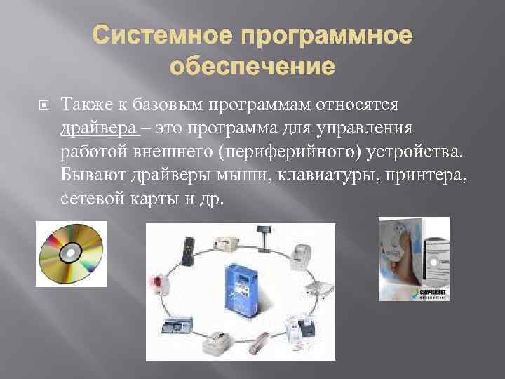Системное программное обеспечение Также к базовым программам относятся драйвера – это программа для управления