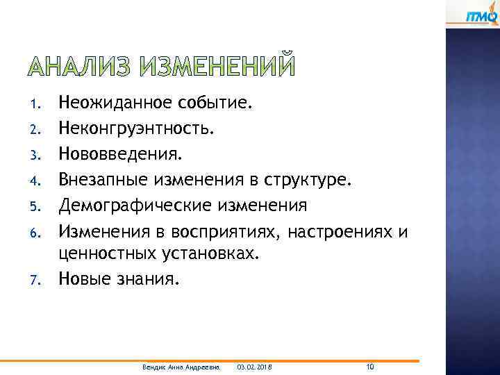 1. 2. 3. 4. 5. 6. 7. Неожиданное событие. Неконгруэнтность. Нововведения. Внезапные изменения в