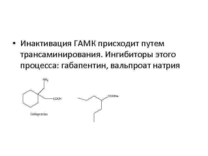  • Инактивация ГАМК присходит путем трансаминирования. Ингибиторы этого процесса: габапентин, вальпроат натрия 