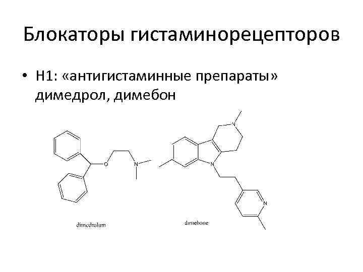 Блокаторы гистаминорецепторов • Н 1: «антигистаминные препараты» димедрол, димебон 