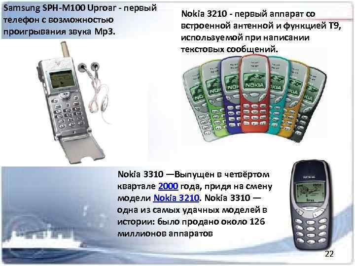 Samsung SPH-M 100 Uproar - первый телефон с возможностью проигрывания звука Mp 3. Nokia