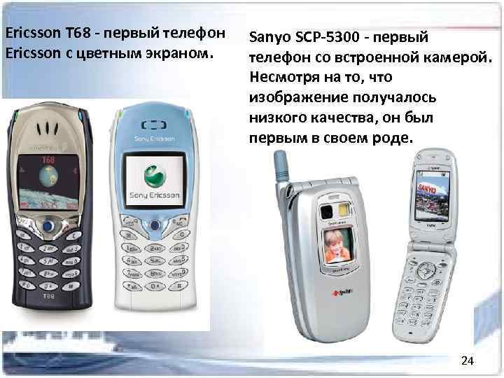 Ericsson T 68 - первый телефон Ericsson с цветным экраном. Sanуo SCP-5300 - первый