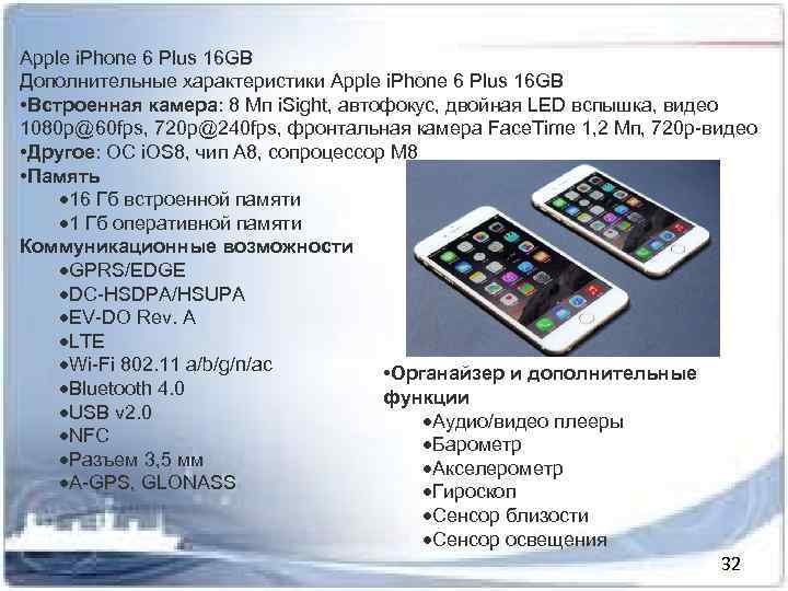 Apple i. Phone 6 Plus 16 GB Дополнительные характеристики Apple i. Phone 6 Plus