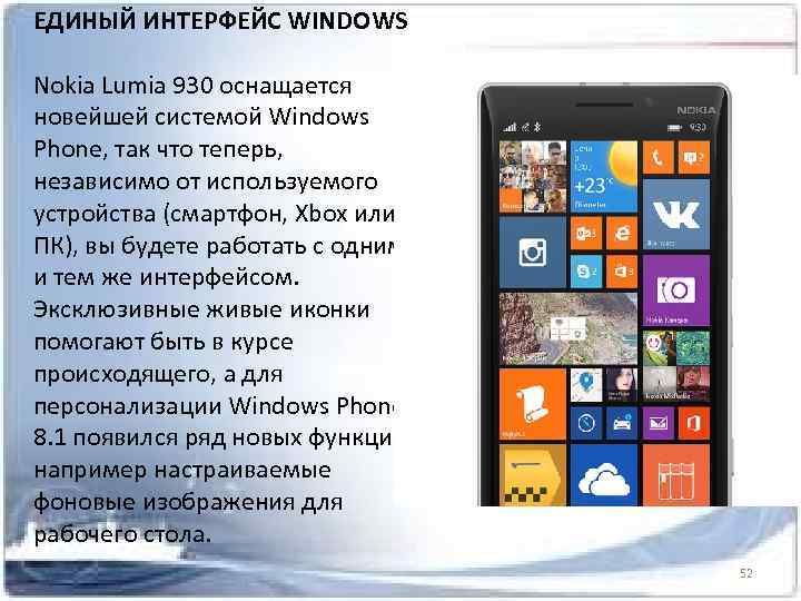 ЕДИНЫЙ ИНТЕРФЕЙС WINDOWS Nokia Lumia 930 оснащается новейшей системой Windows Phone, так что теперь,