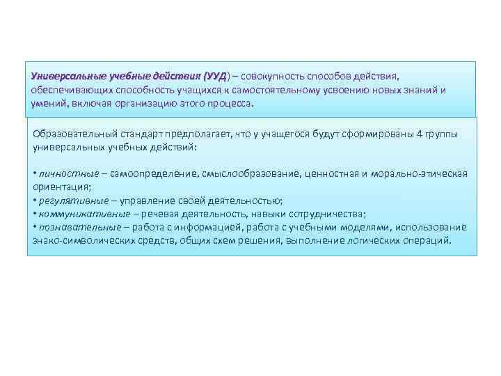 Универсальные учебные действия (УУД) – совокупность способов действия, обеспечивающих способность учащихся к самостоятельному усвоению