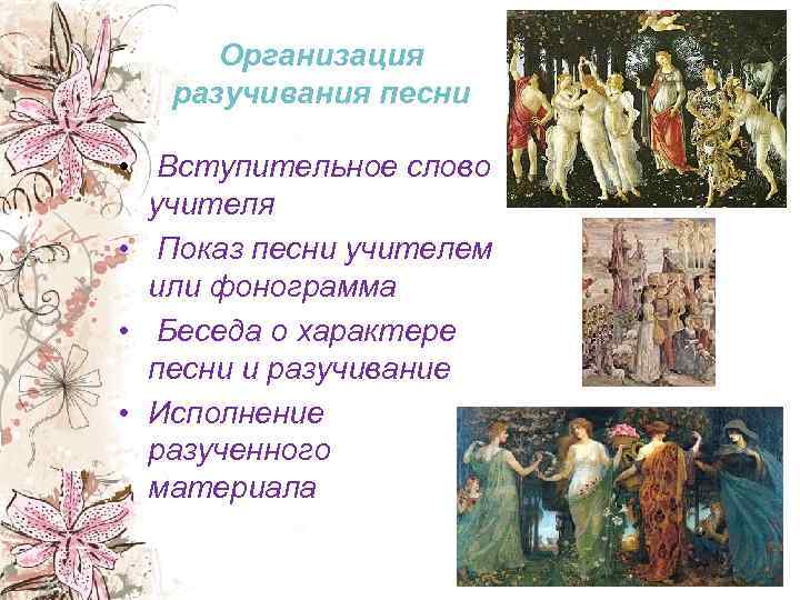 Организация разучивания песни • Вступительное слово учителя • Показ песни учителем или фонограмма •