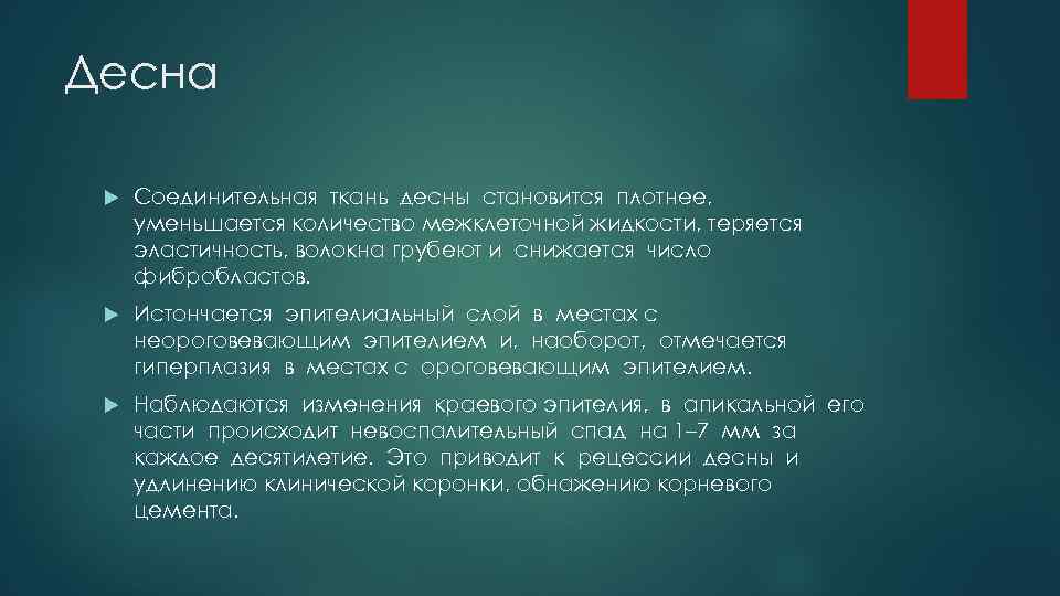 Десна Соединительная ткань десны становится плотнее, уменьшается количество межклеточной жидкости, теряется эластичность, волокна грубеют