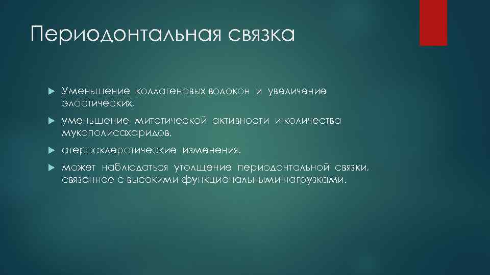 Периодонтальная связка Уменьшение коллагеновых волокон и увеличение эластических, уменьшение митотической активности и количества мукополисахаридов,