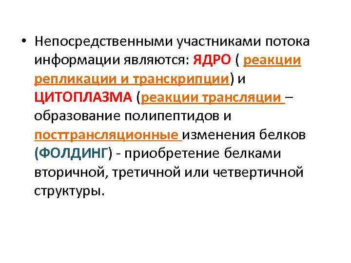  • Непосредственными участниками потока информации являются: ЯДРО ( реакции репликации и транскрипции) и