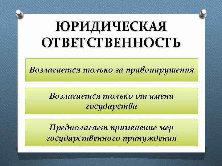 ЮРИДИЧЕСКАЯ ОТВЕТСТВЕННОСТЬ Возлагается только за правонарушения Возлагается только от имени государства Предполагает применение мер