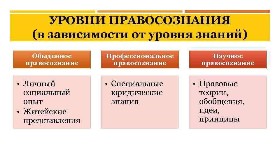 УРОВНИ ПРАВОСОЗНАНИЯ (в зависимости от уровня знаний) Обыденное правосознание • Личный социальный опыт •
