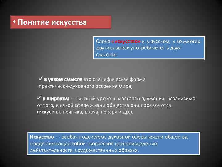  • Понятие искусства Слово «искусство» и в русском, и во многих других языках