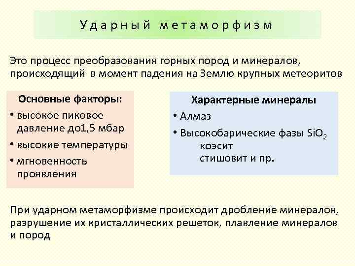 Ударный метаморфизм Это процесс преобразования горных пород и минералов, происходящий в момент падения на