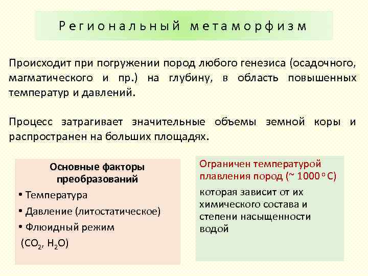 Региональный метаморфизм Происходит при погружении пород любого генезиса (осадочного, магматического и пр. ) на