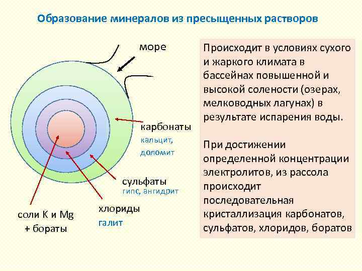 Образование минералов из пресыщенных растворов море карбонаты кальцит, доломит сульфаты гипс, ангидрит соли K