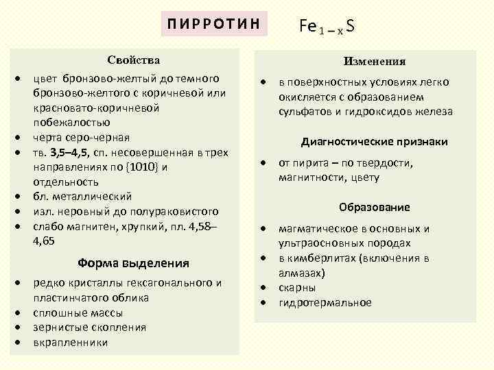 ПИРРОТИН Свойства Fe S Изменения цвет бронзово-желтый до темного в поверхностных условиях легко бронзово-желтого